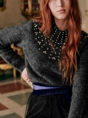 Sezane Regina Mohair Pearl Rhinestone Embellished Sweater